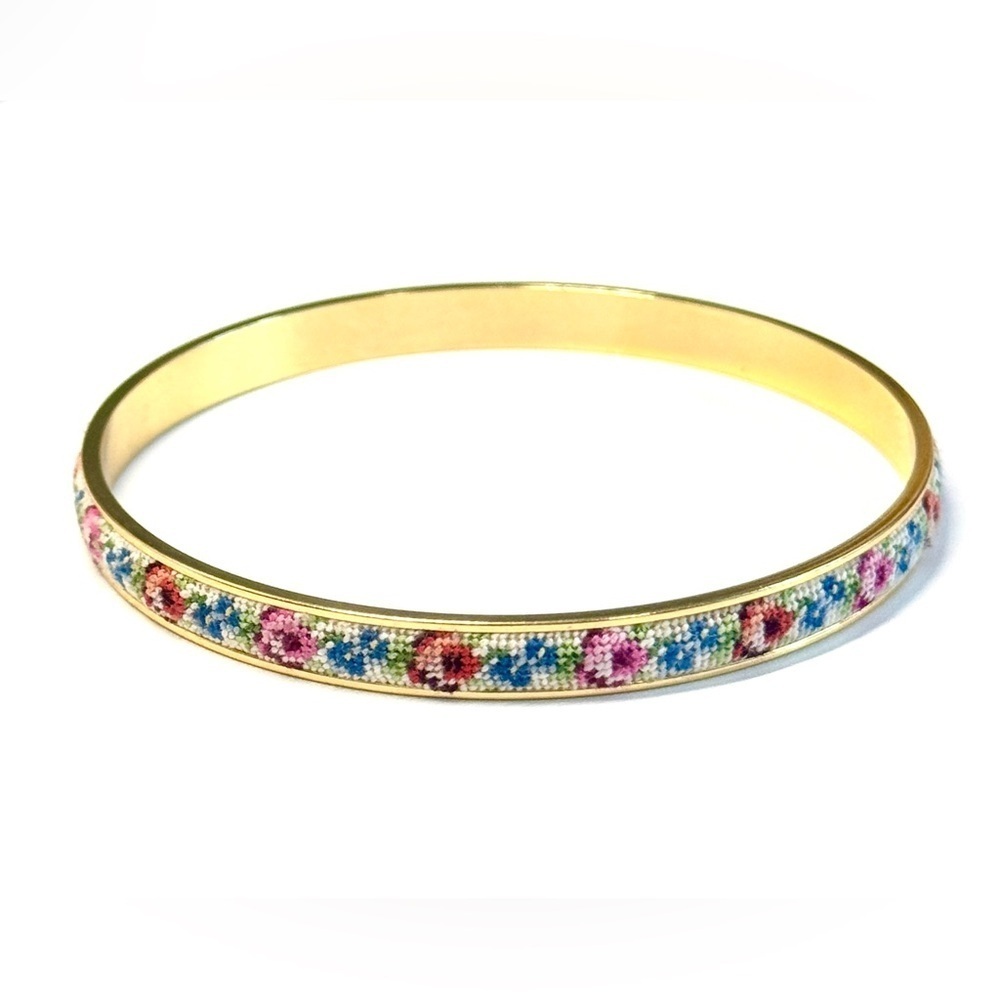 Antique Petit Point Needlepoint Rose Brass Bangle Bracelet, circa 1930s - Picture 6 of 6